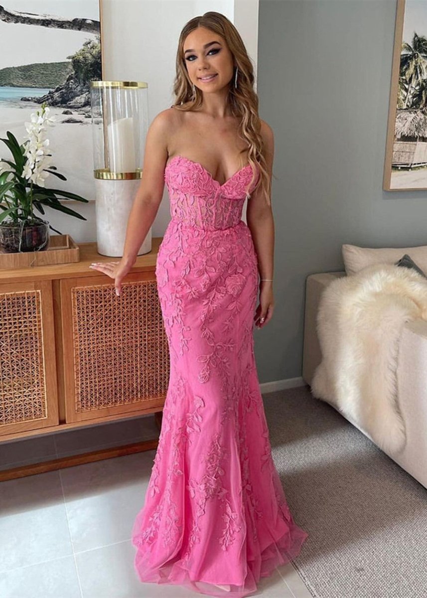 Mermaid Strapless Lace Prom Dresses With Appliques Evening Dresses, product image 6