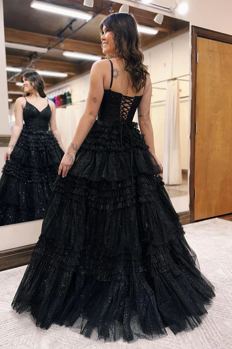 A-Line&Princess Tulle V-Neck Sparkle & Shine Pleats Long Prom Dresses Long Evening Dresses