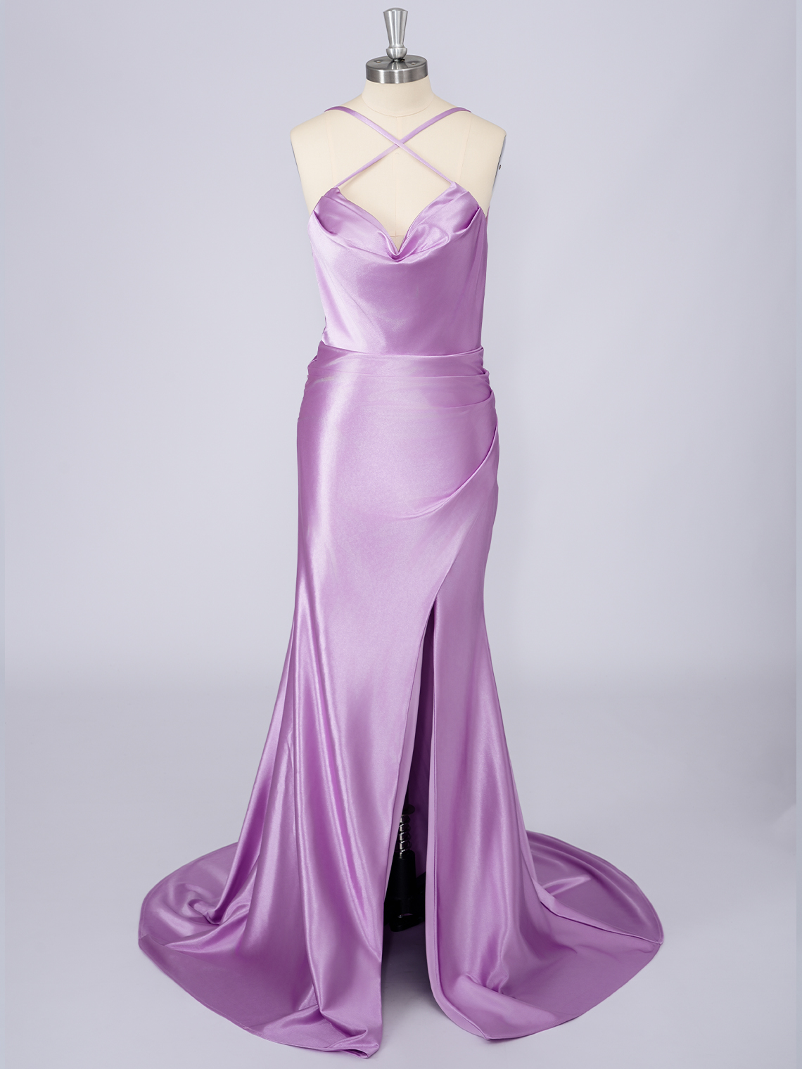 Lilac Silk Satin Mermaid Spaghetti Solid Color With Split Prom Dress