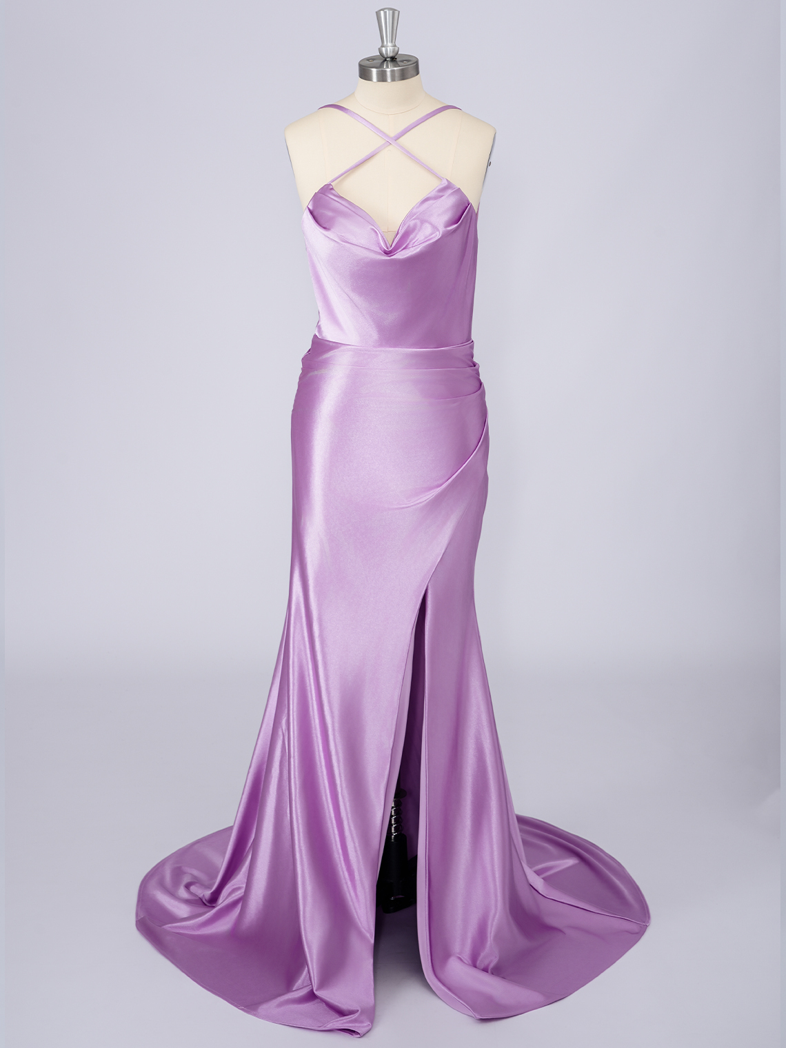 Lilac Silk Satin Mermaid Spaghetti Solid Color With Split Prom Dress