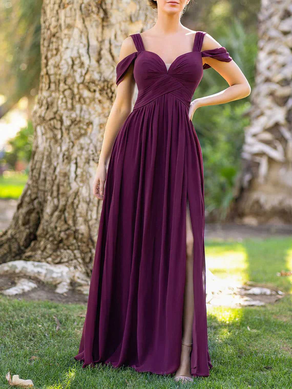 A Line V neck Chiffon Off the Shoulder With Slit Bridesmaid Dress