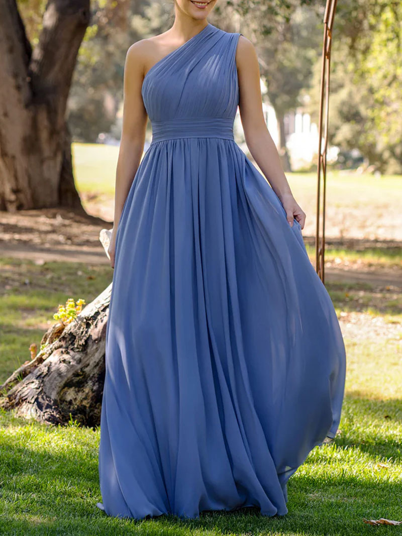 A Line Chiffon Off the Shoulder With Pleats Bridesmaid Dress