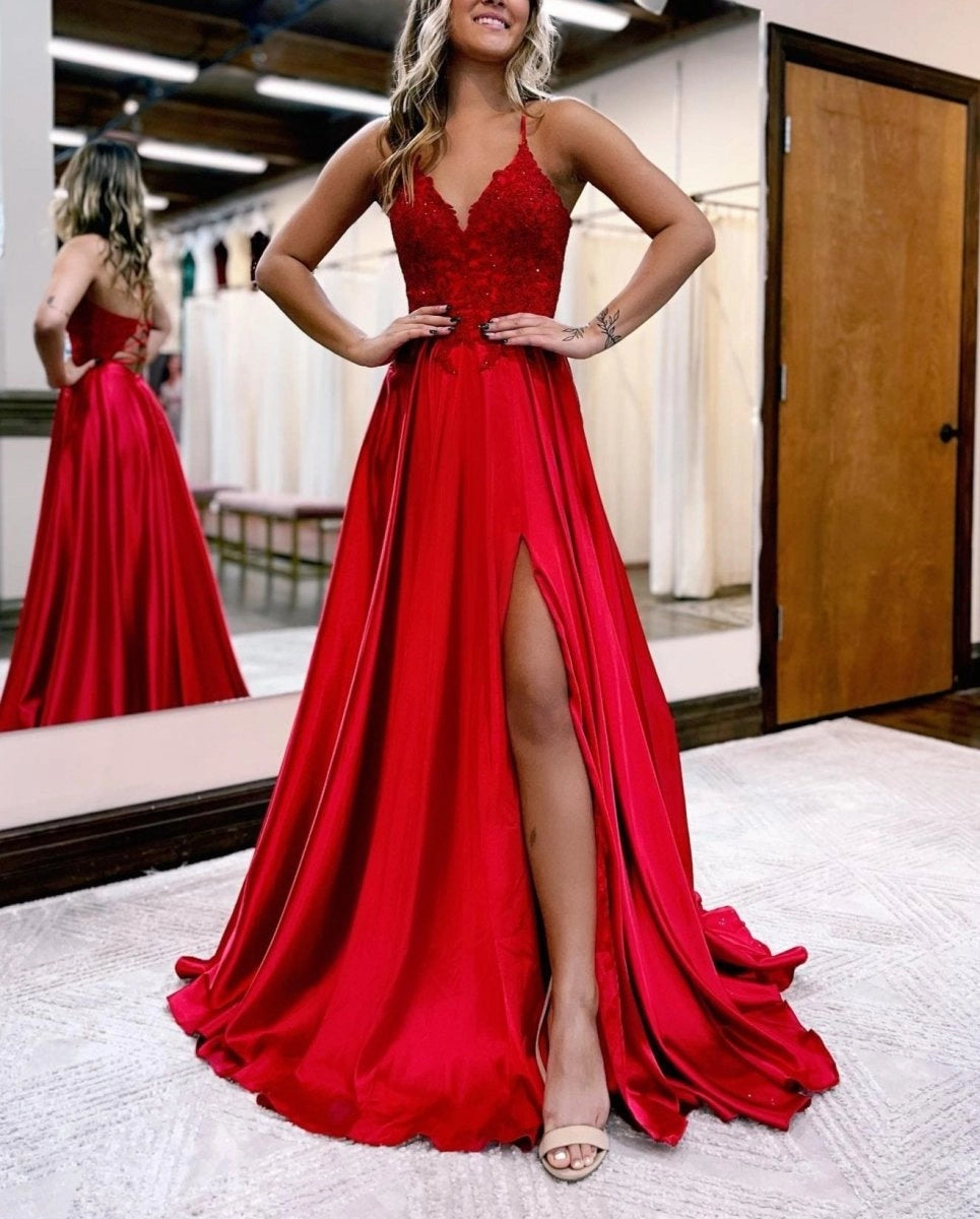 A-line Spaghetti Straps Corset Back Prom Dresses With Split Evening Dresses, product image 3
