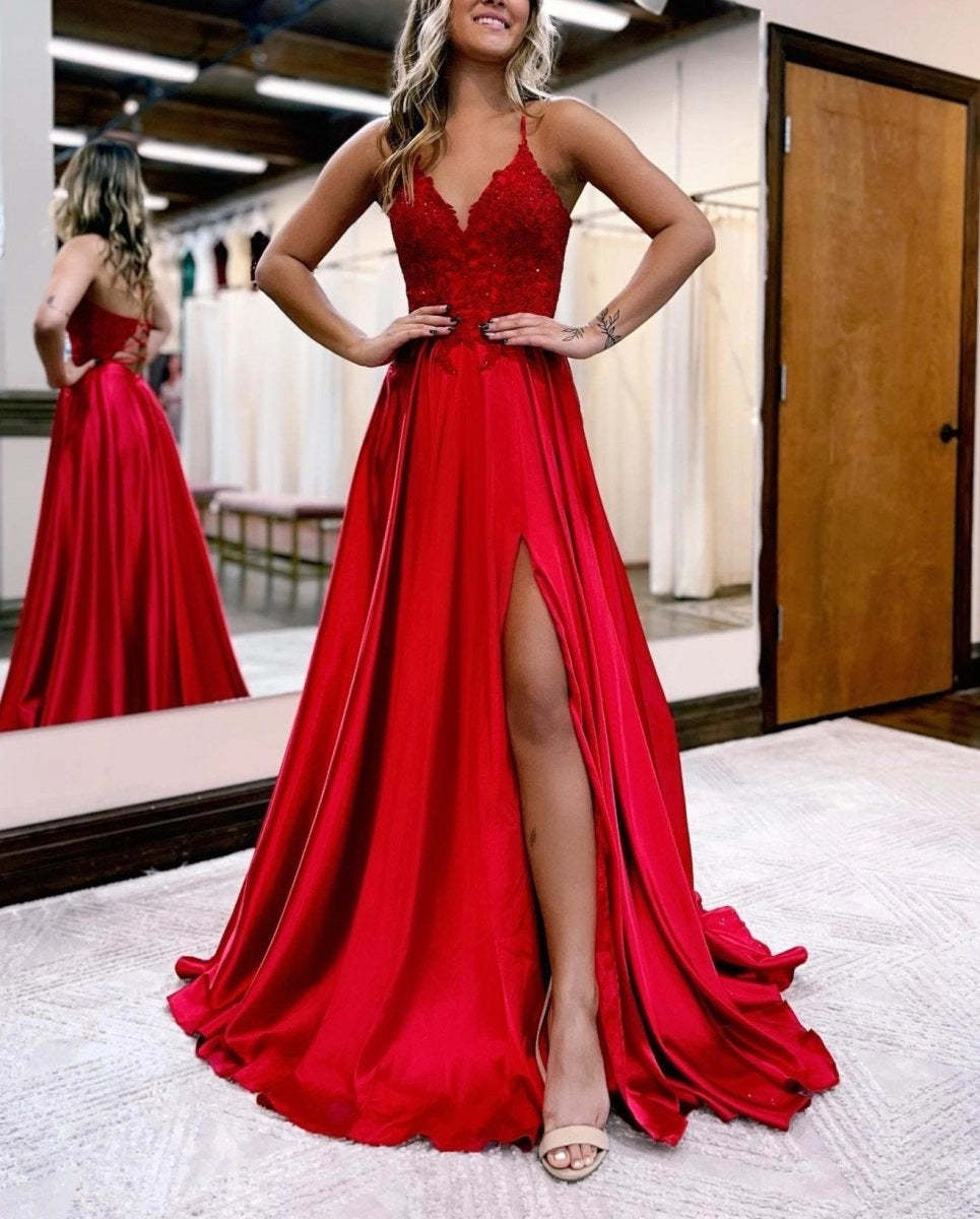 A-line Spaghetti Straps Corset Back Prom Dresses With Split Evening Dresses, product image 3