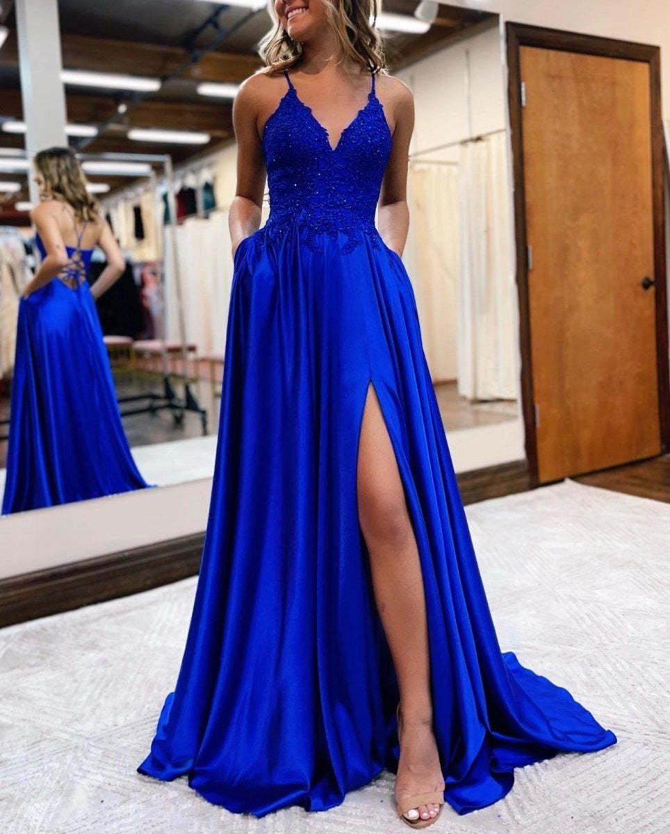A-line Spaghetti Straps Corset Back Prom Dresses With Split Evening Dresses, product image 10