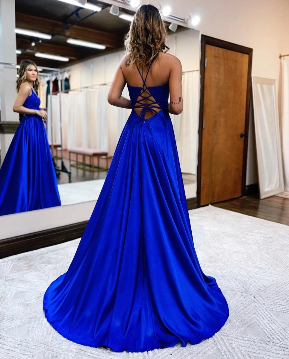 A-line Spaghetti Straps Corset Back Prom Dresses With Split Evening Dresses, product image 11