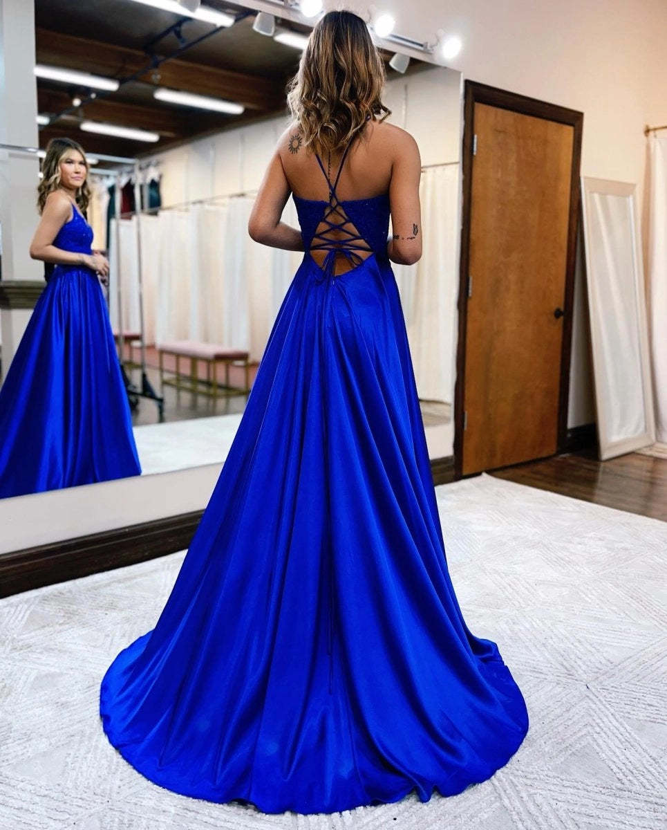 A-line Spaghetti Straps Corset Back Prom Dresses With Split Evening Dresses, product image 11
