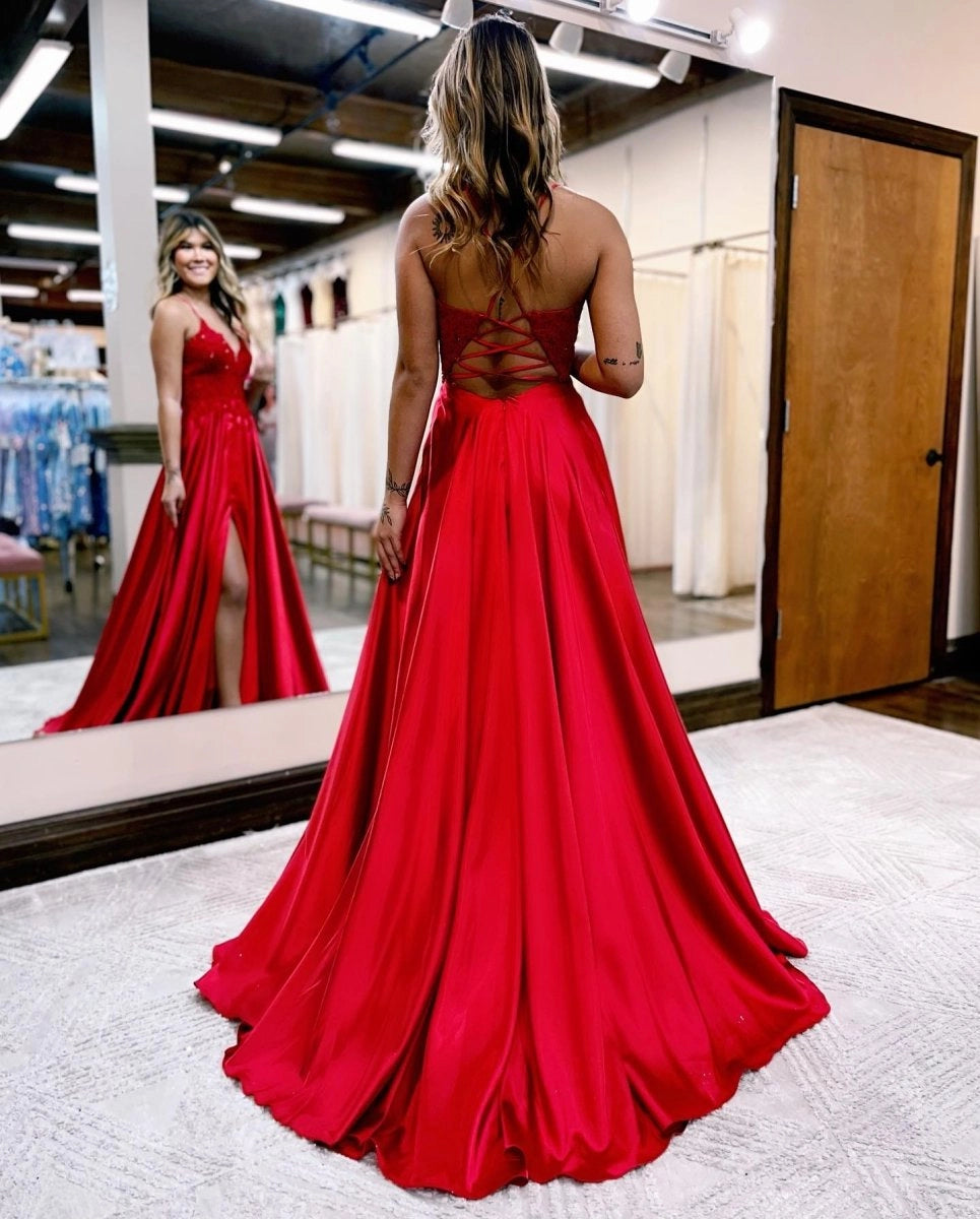 A-line Spaghetti Straps Corset Back Prom Dresses With Split Evening Dresses, product image 4