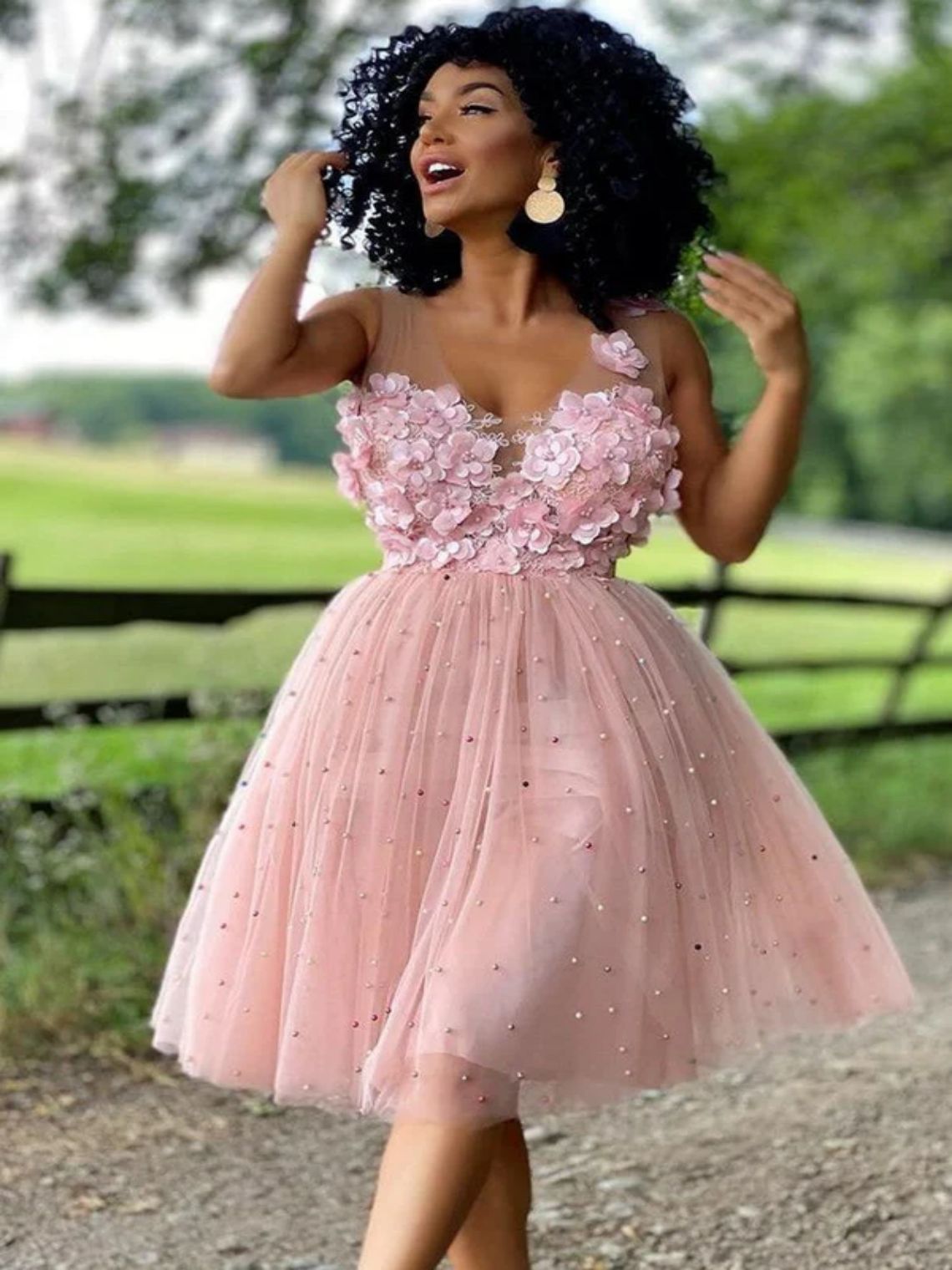A-Line Beaded Tulle Illusion V Neck Homecoming Dress with Flowers