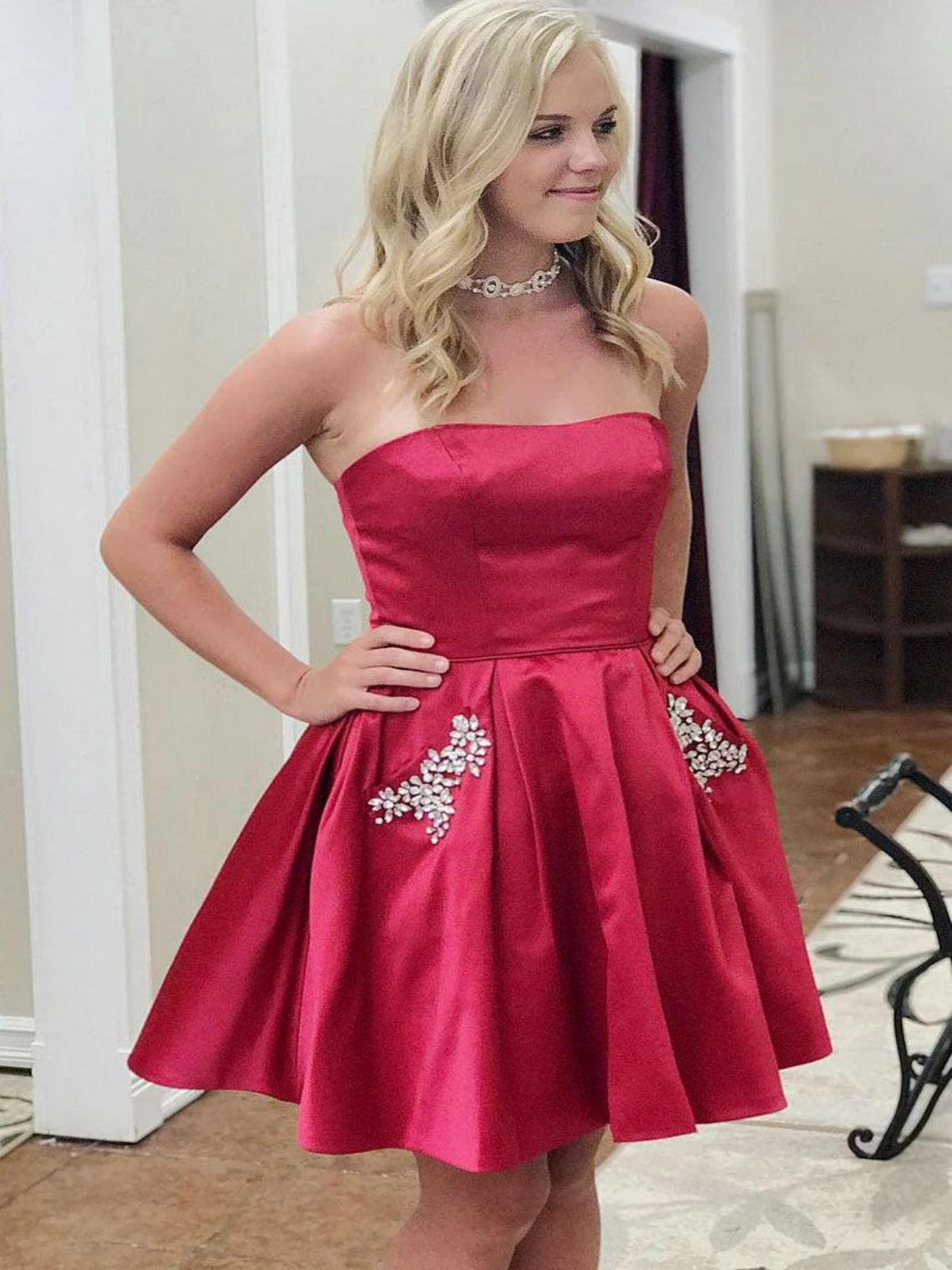 A-Line Strapless Beading Sky Blue Homecoming Dress with Pockets