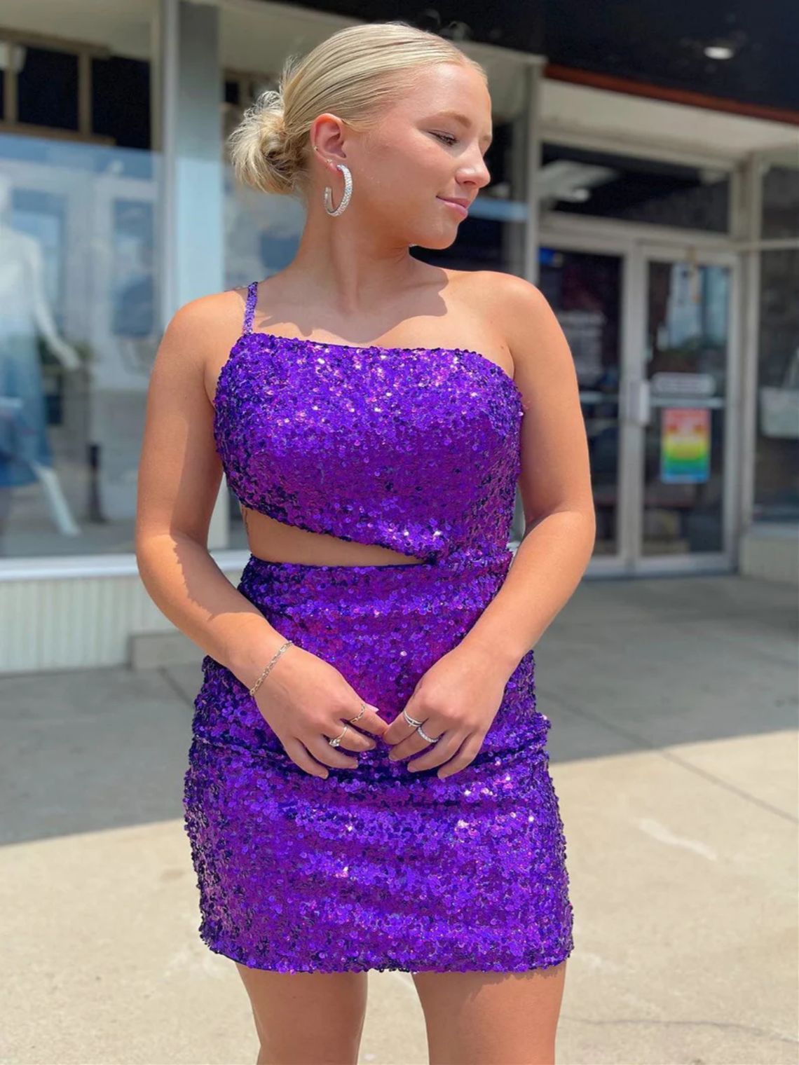 Sheath/Column Straps One Shoulder Purple Sequins Homecoming Dress