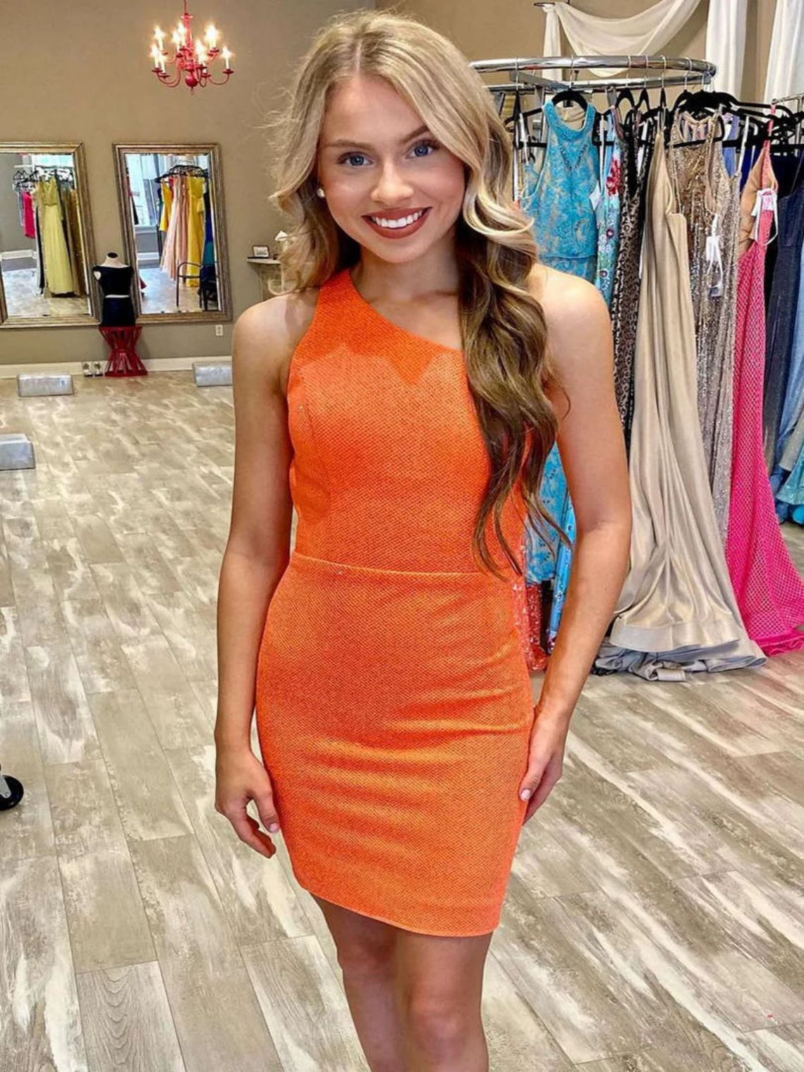 Sheath/Column Orange One Shoulder Sleeveless Homecoming Dress