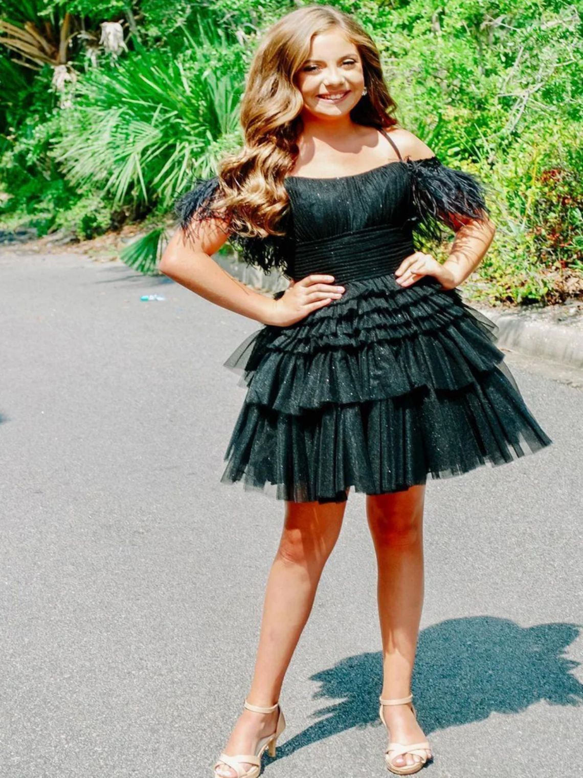 A Line Pink Glitter Tulle Short Homecoming Dress with Feather