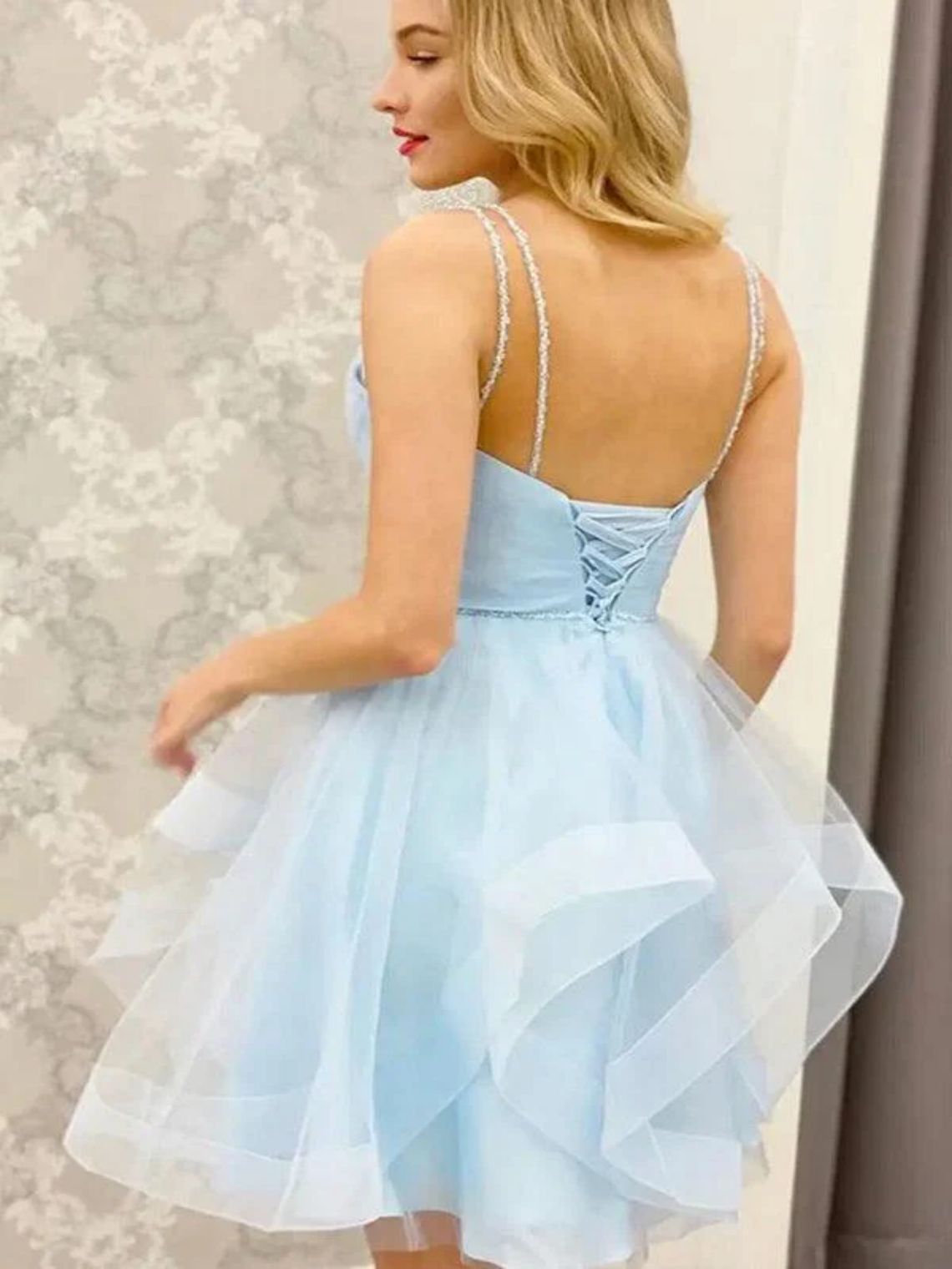 A-Line V Neck Light Blue Tulle Short Homecoming Dresses