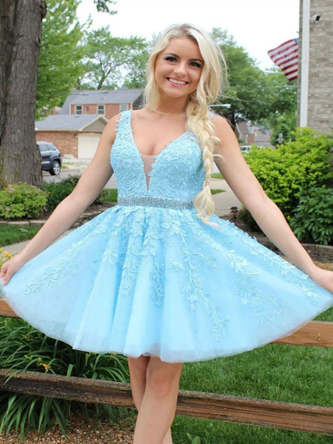 A-Line Sky Blue Lace Formal Graduation Homecoming Dress