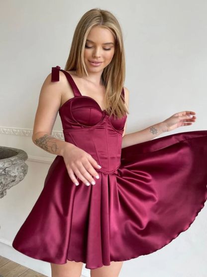 Dress Spaghetti Straps A-line Satin Short Mini Party Cute Homecoming Dress