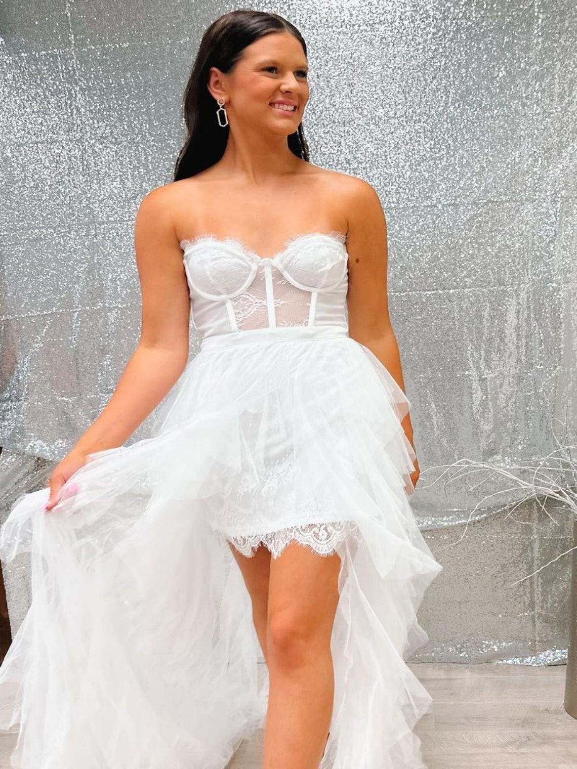 A-Line Lace Corset High-Low Party Dress Homecoming Dress with Ruffles