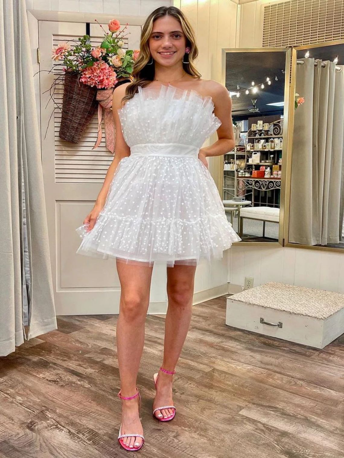 A-Line White Polka Dot Strapless Ruffle Short Homecoming Dress