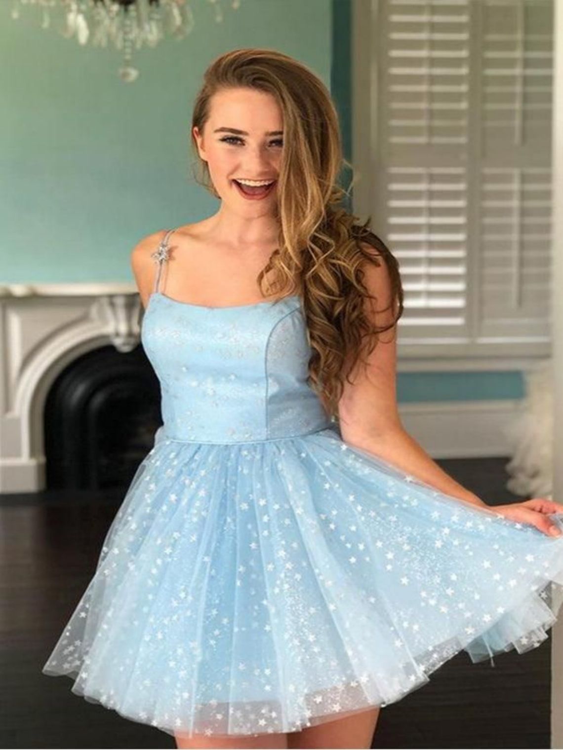 A-Line Spaghetti Straps Short Black Party Tulle Homecoming Dresses