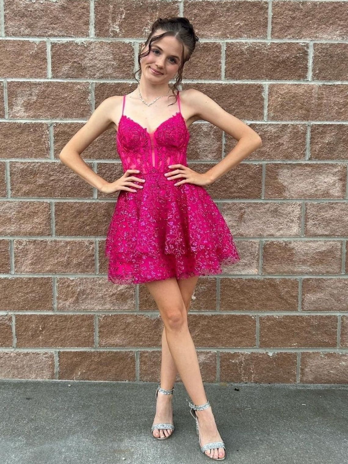 A-Line Hot Pink Sequin Lace Short Homecoming Dresses