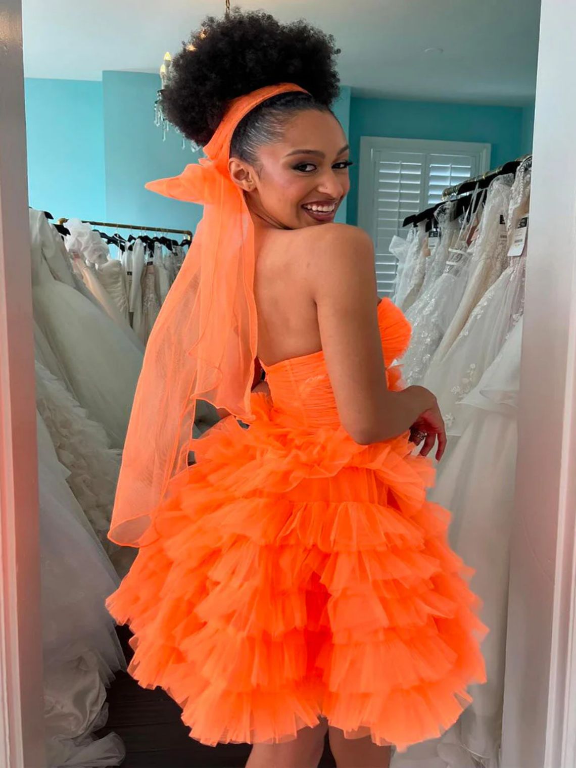 A-Line Orange Strapless Ruffle Tiered Tulle Short Homecoming Dress