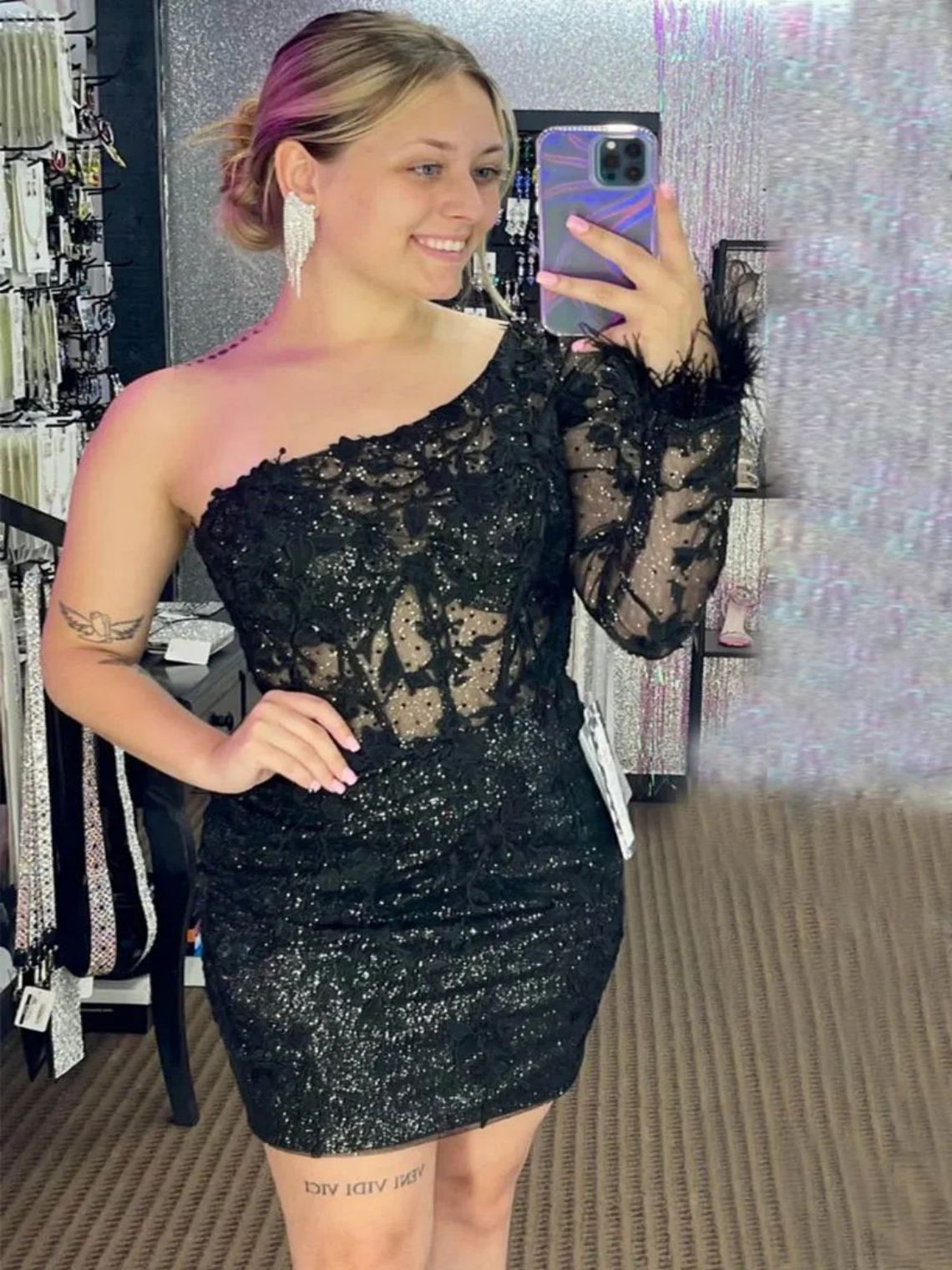 One Shoulder Hot Pink Long Sleeve Appliques Bodycon Homecoming Dress