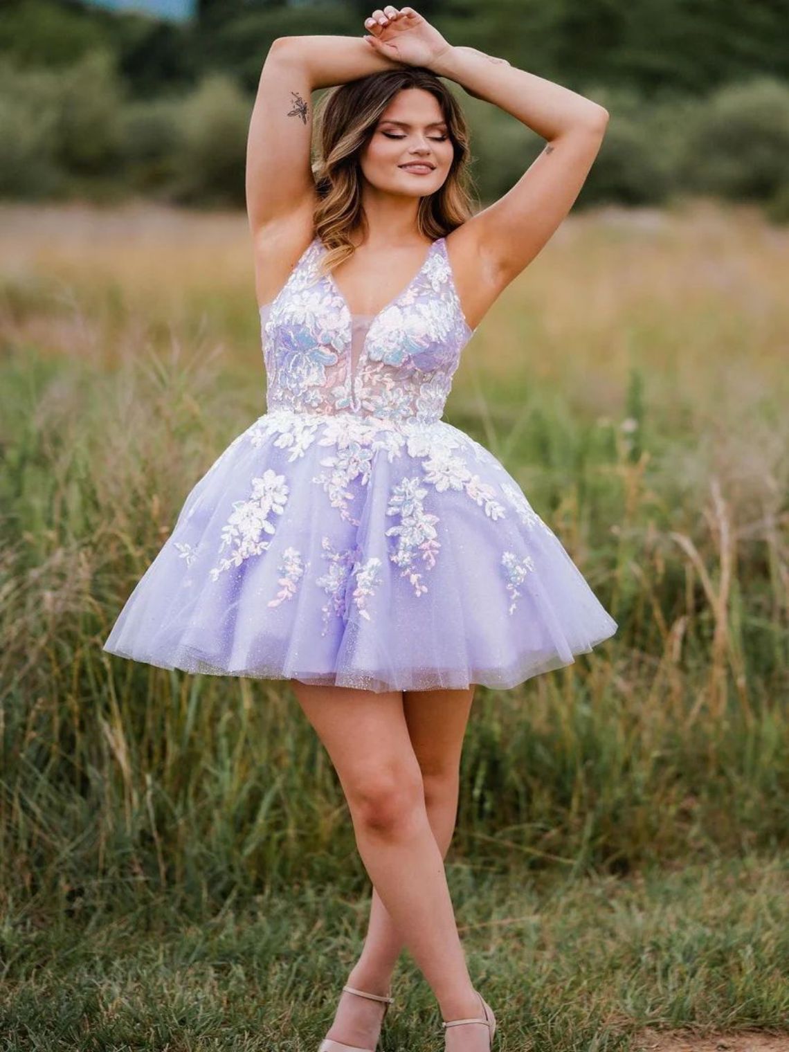 A-Line Sequin Lace Plunge V Backless A-Line Short Homecoming Dress