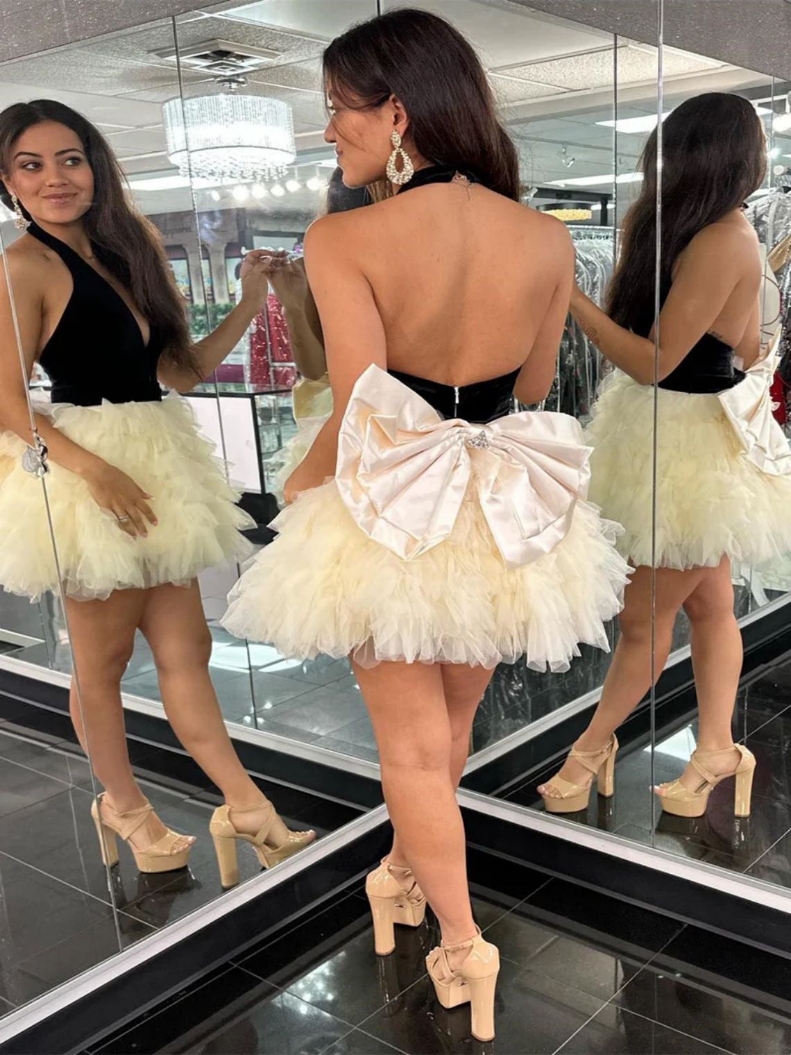 A-Line Black Halter Bow Back Ruffle Tiered Cocktail Homecoming Dress