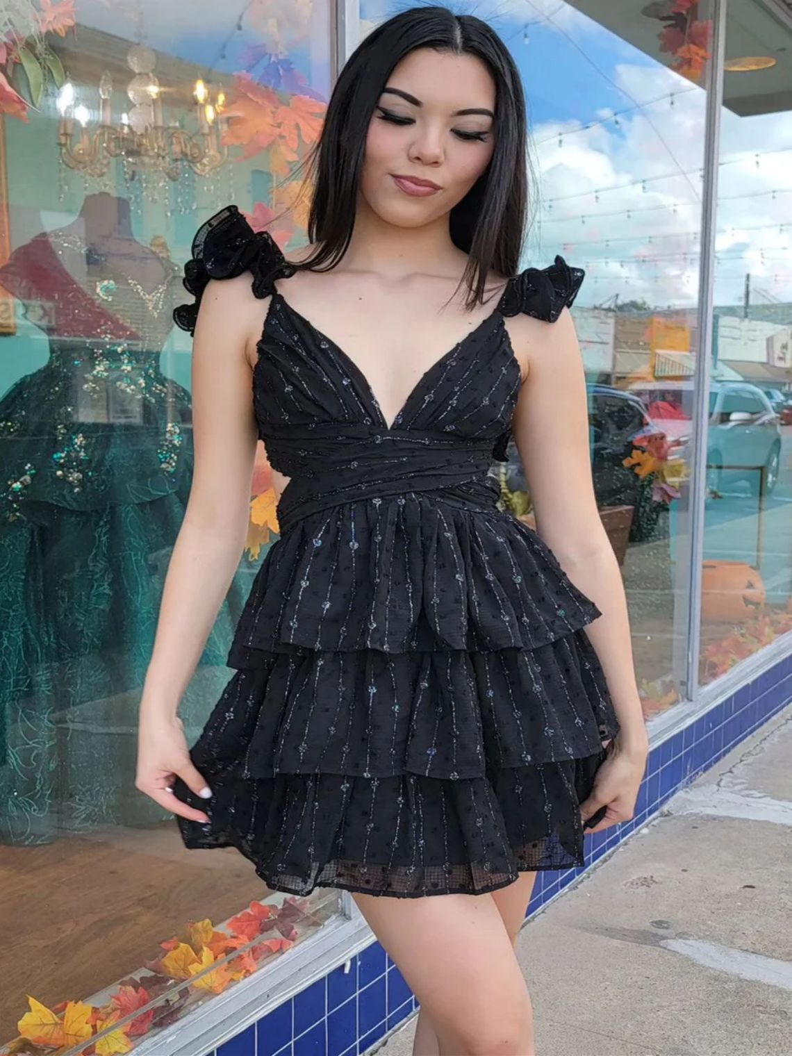 A-Line Black V-Neck Ruffle Lace-Up Tiered Short Party Homecoming Dress