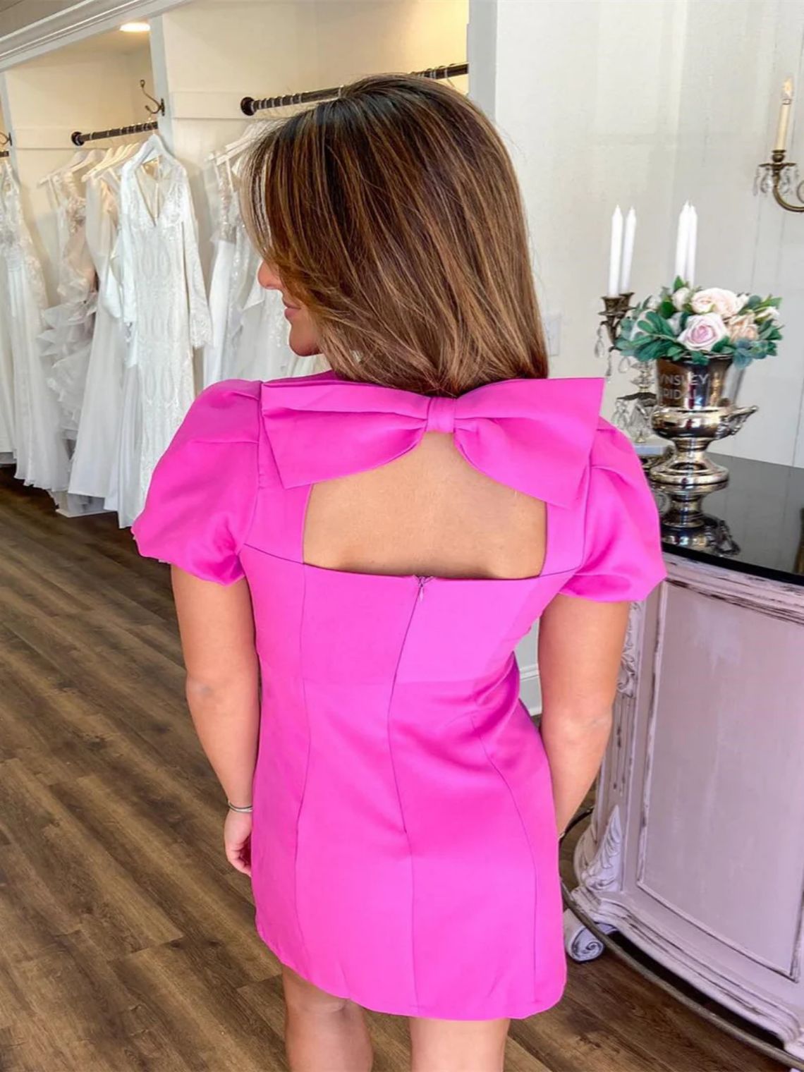 Sheath/Column Hot Pink Satin Sleeves Homecoming Dress with Bow