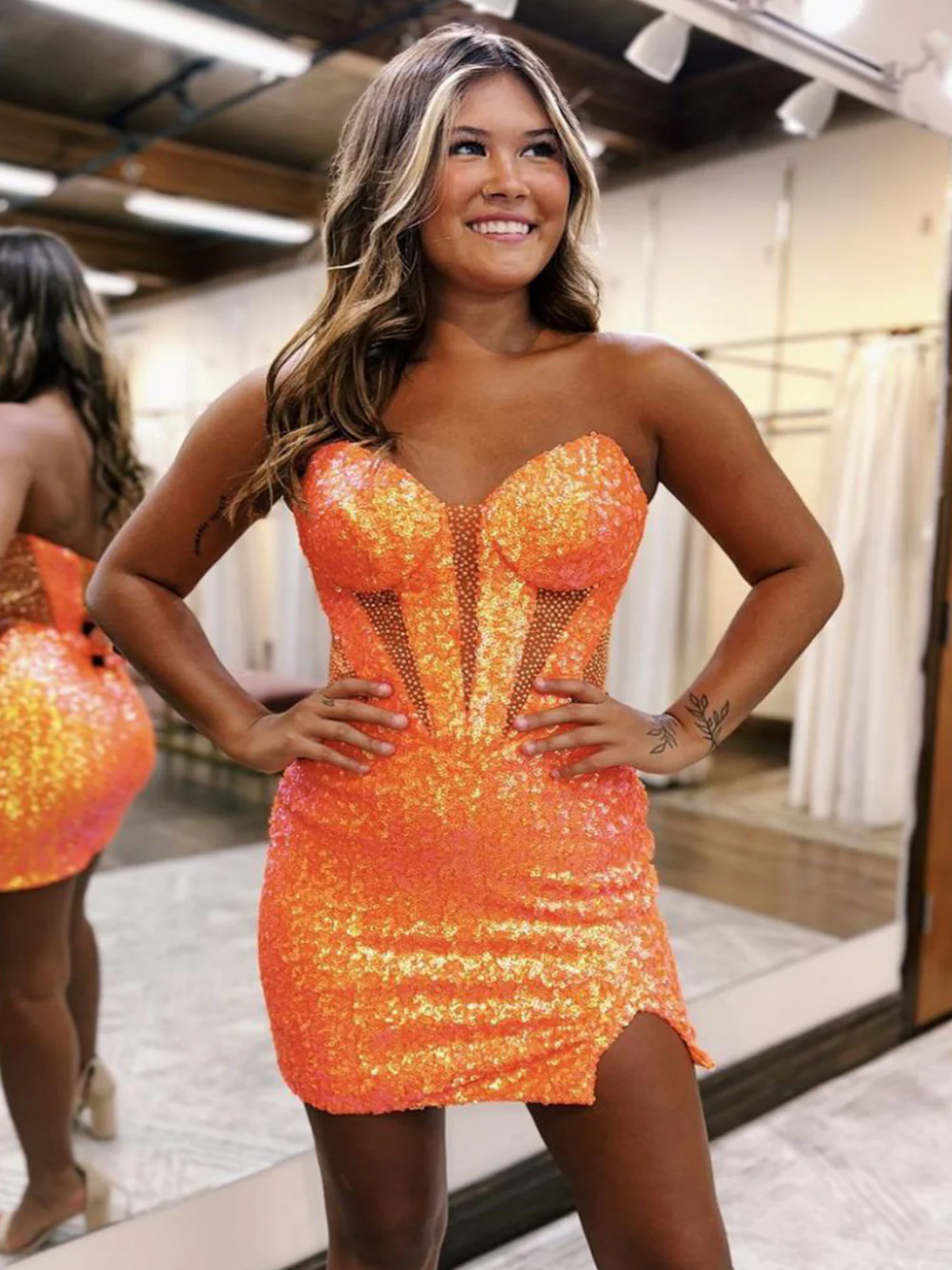 Sheath/Column Sparkly Strapless Bodycon Homecoming Dress with Slit
