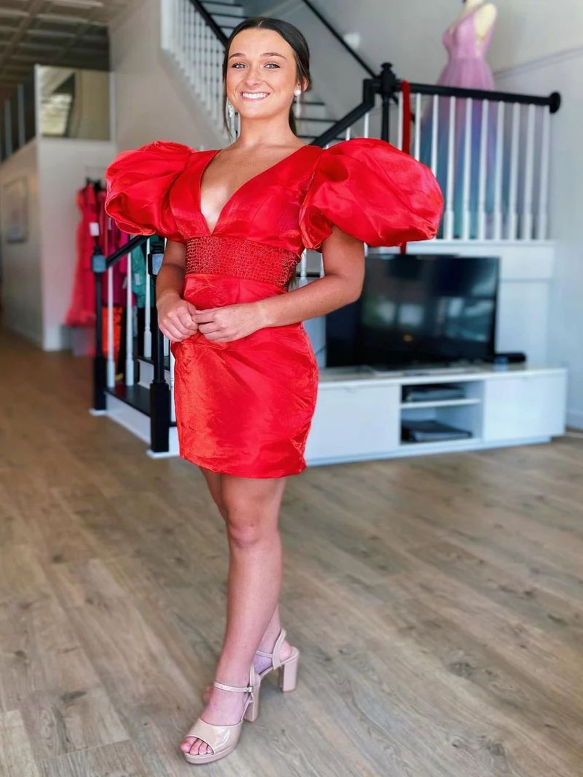 Empire Sparkly Puff Sleeves Tight Short Homecoming Dress with Beading