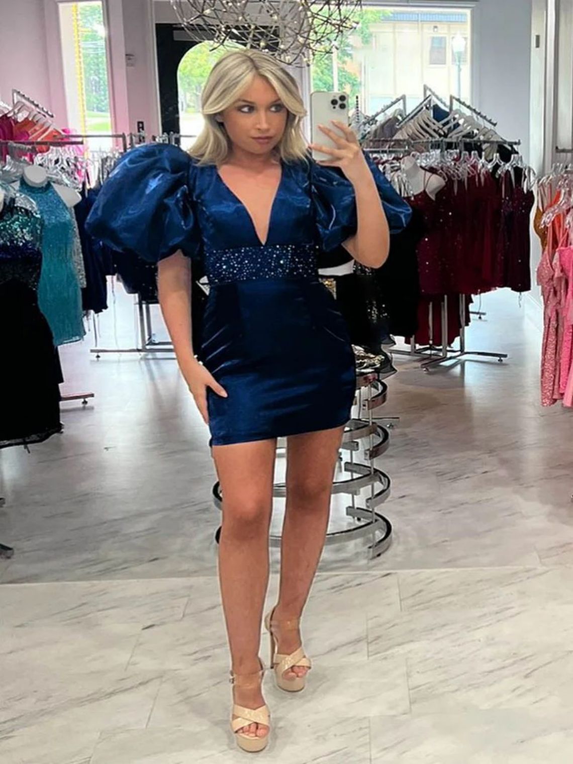 Empire Sparkly Puff Sleeves Tight Short Homecoming Dress with Beading