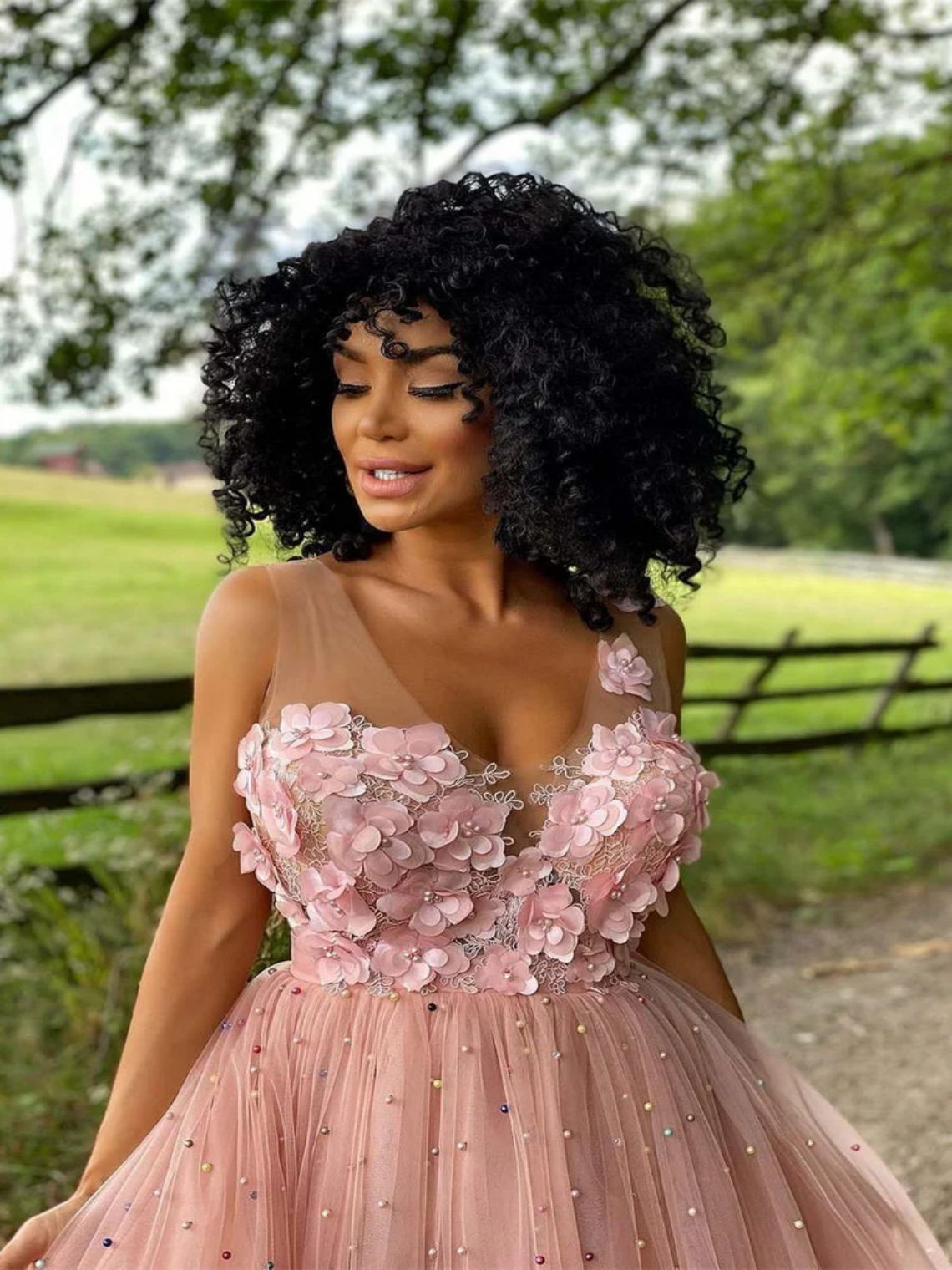 A-Line Beaded Tulle Illusion V Neck Homecoming Dress with Flowers