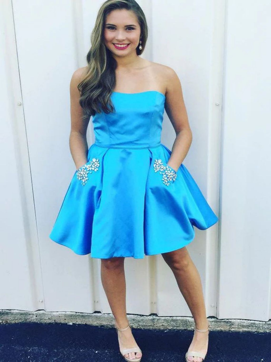 A-Line Strapless Beading Sky Blue Homecoming Dress with Pockets