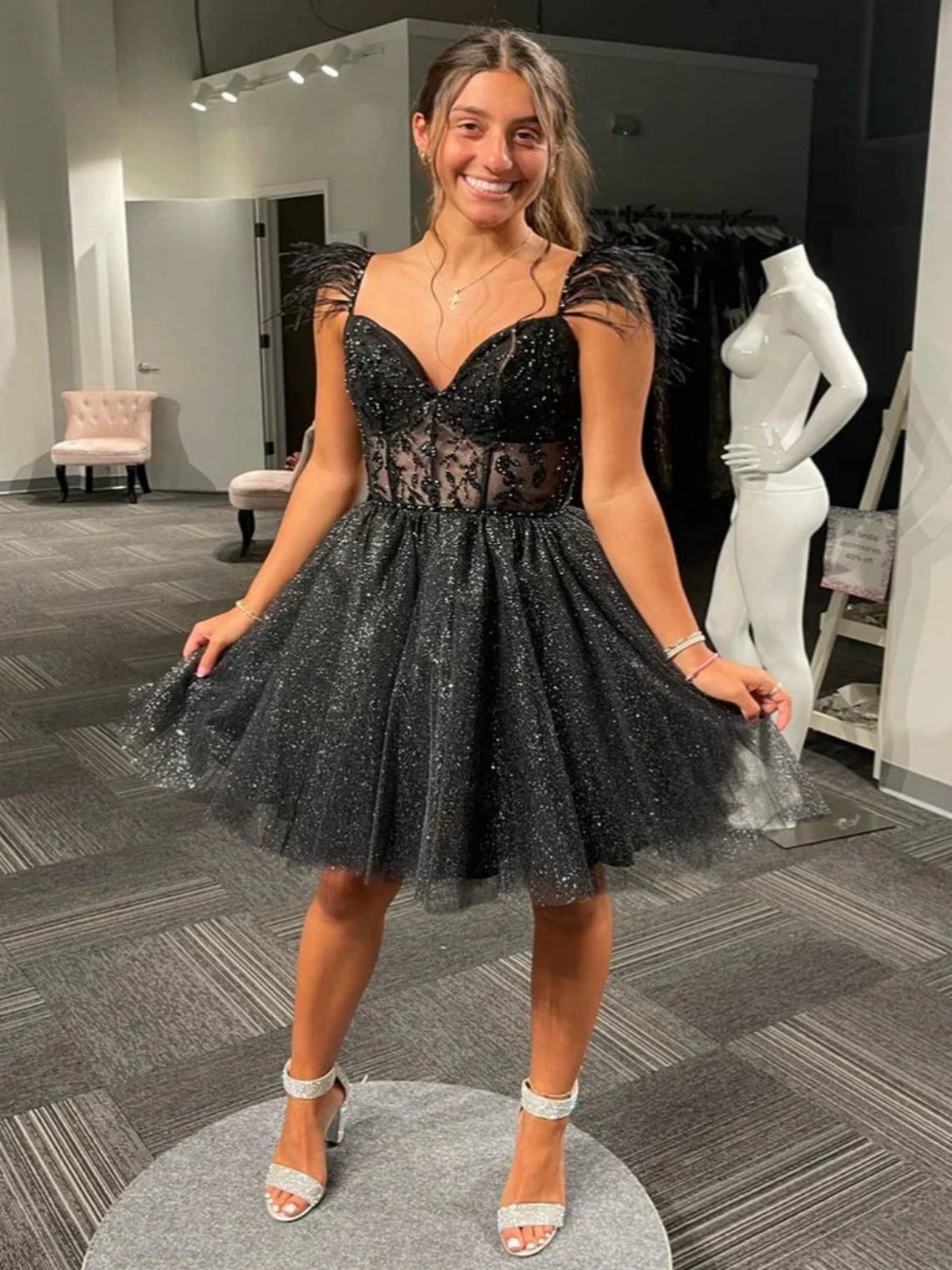 A-line Black Sparkly Tulle Homecoming Dress