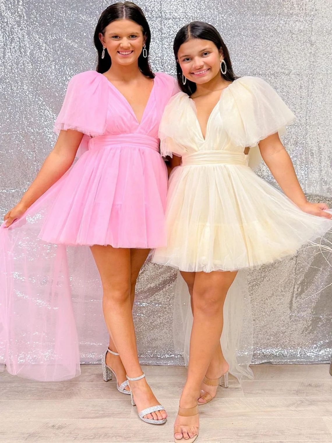 A-line Open Back Plunging V Neck Tulle Homecoming Dress