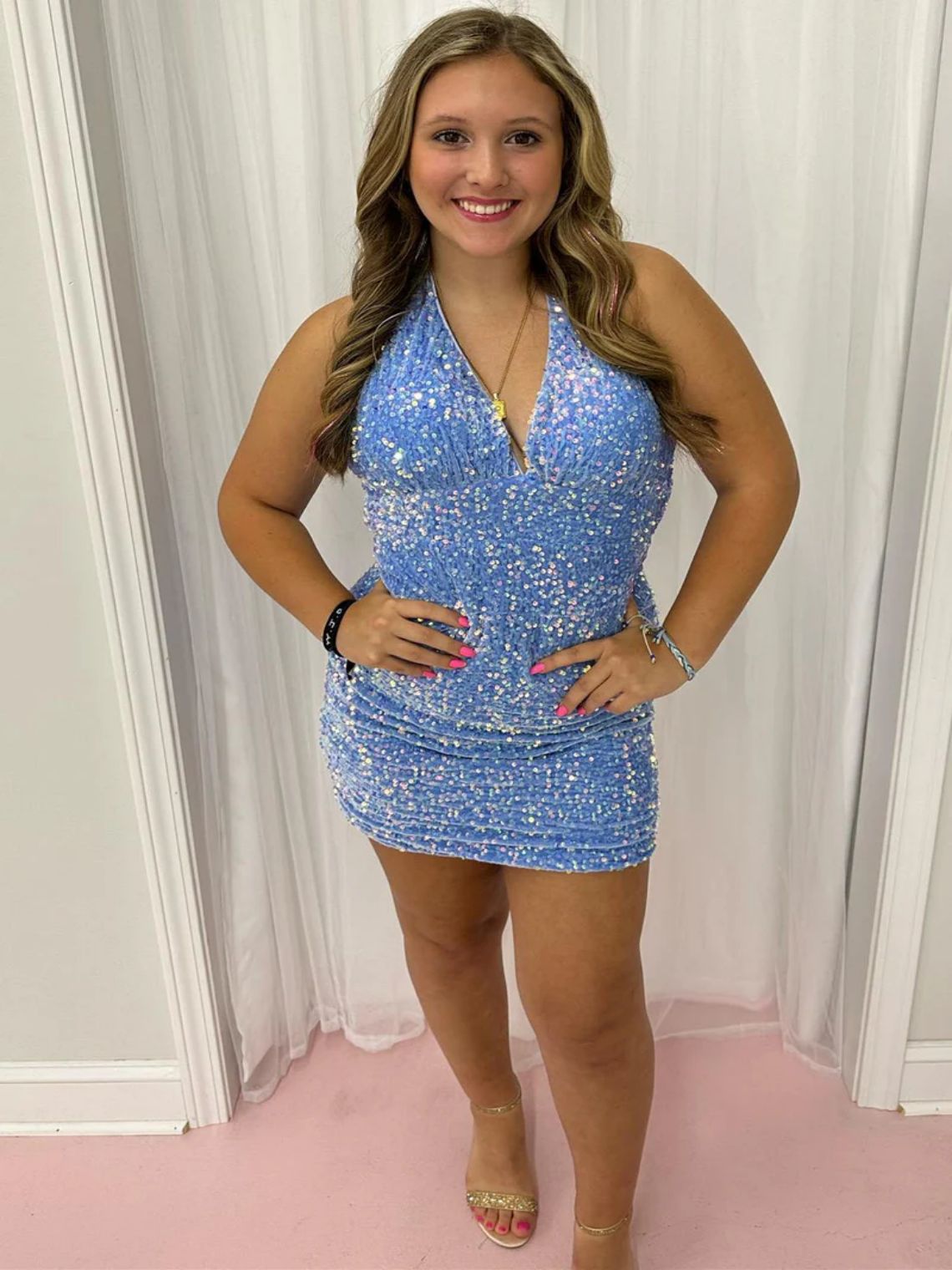 Sheath/Column Halter Light Blue Sequin Party Homecoming Dress