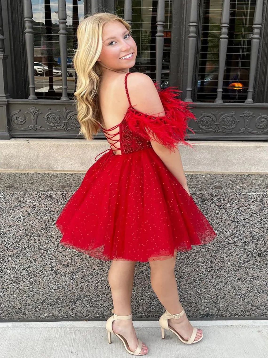 A Line Sparkling Tulle Corset Homecoming Party Dress with Feathers