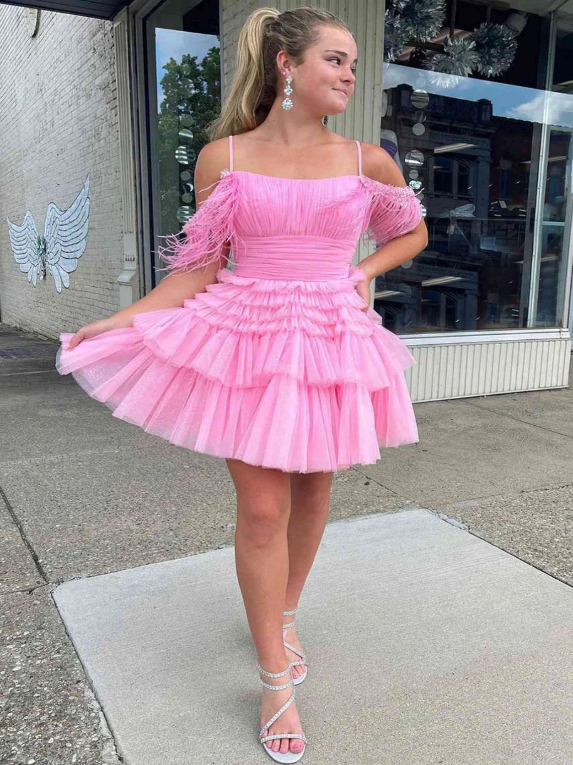 A Line Pink Glitter Tulle Short Homecoming Dress with Feather
