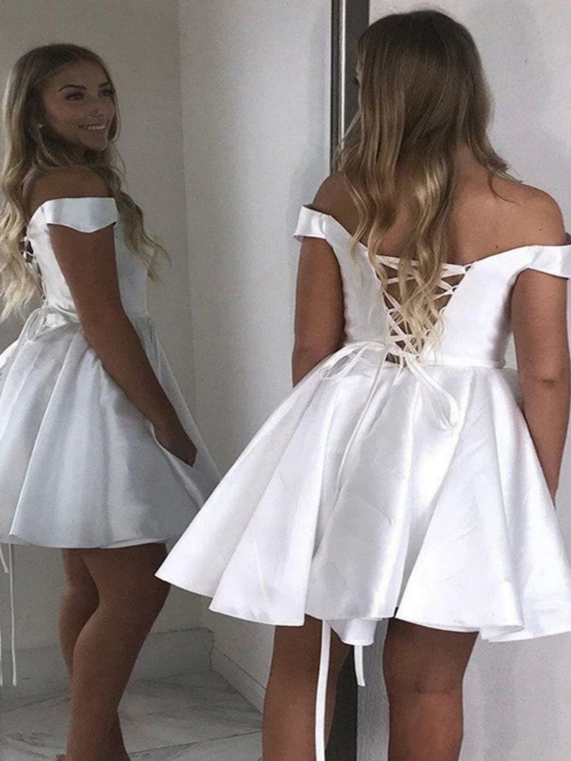 A-Line Satin Short/Mini Off-Shoulder Homecoming Dress