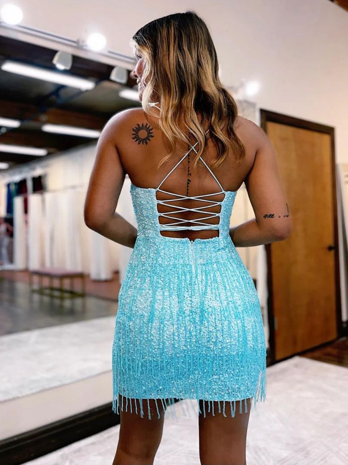Sheath/Column Spaghetti Straps Short Homecoming Dress with Tassel