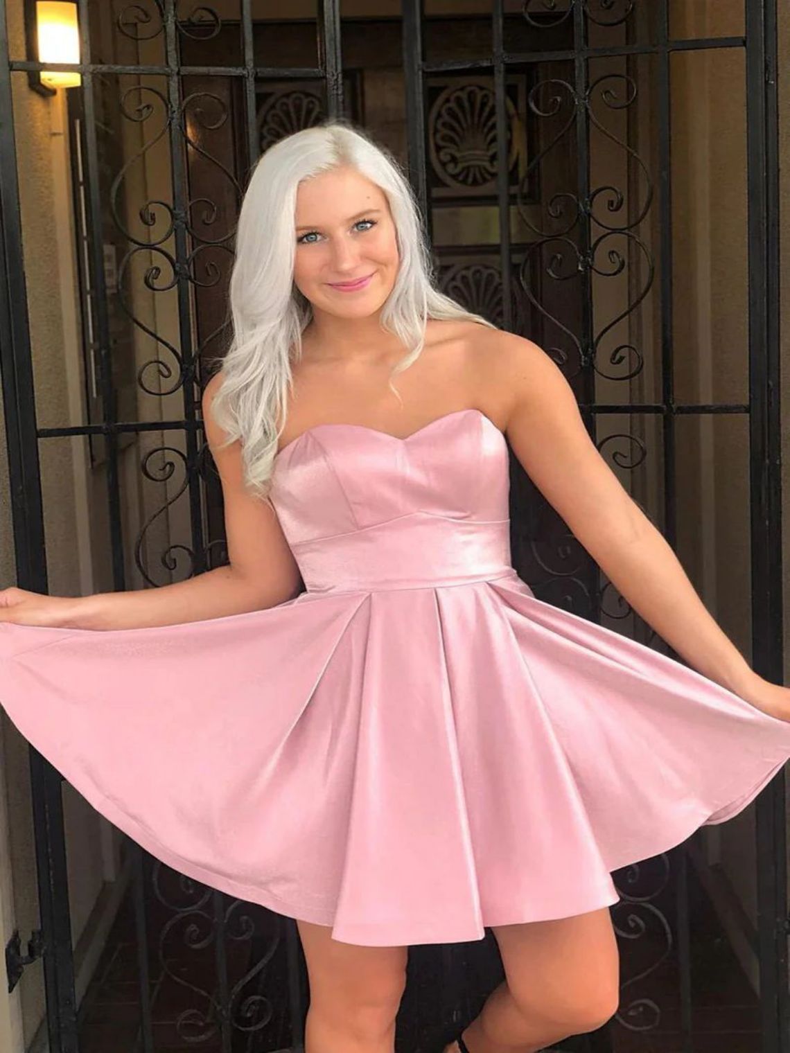 Simple Satin A-Line Strapless Pink Short Party Homecoming Dresses