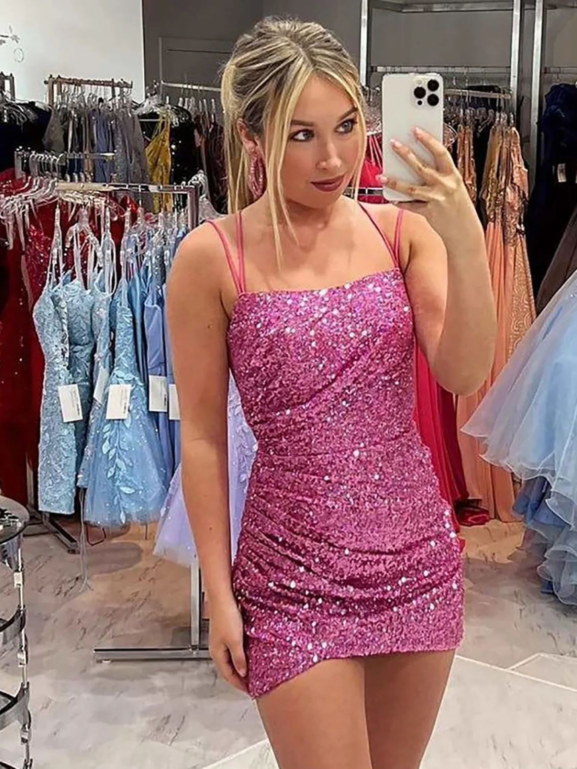 Sheath/Column Sparkly Spaghetti Straps Bodycon Homecoming Dress