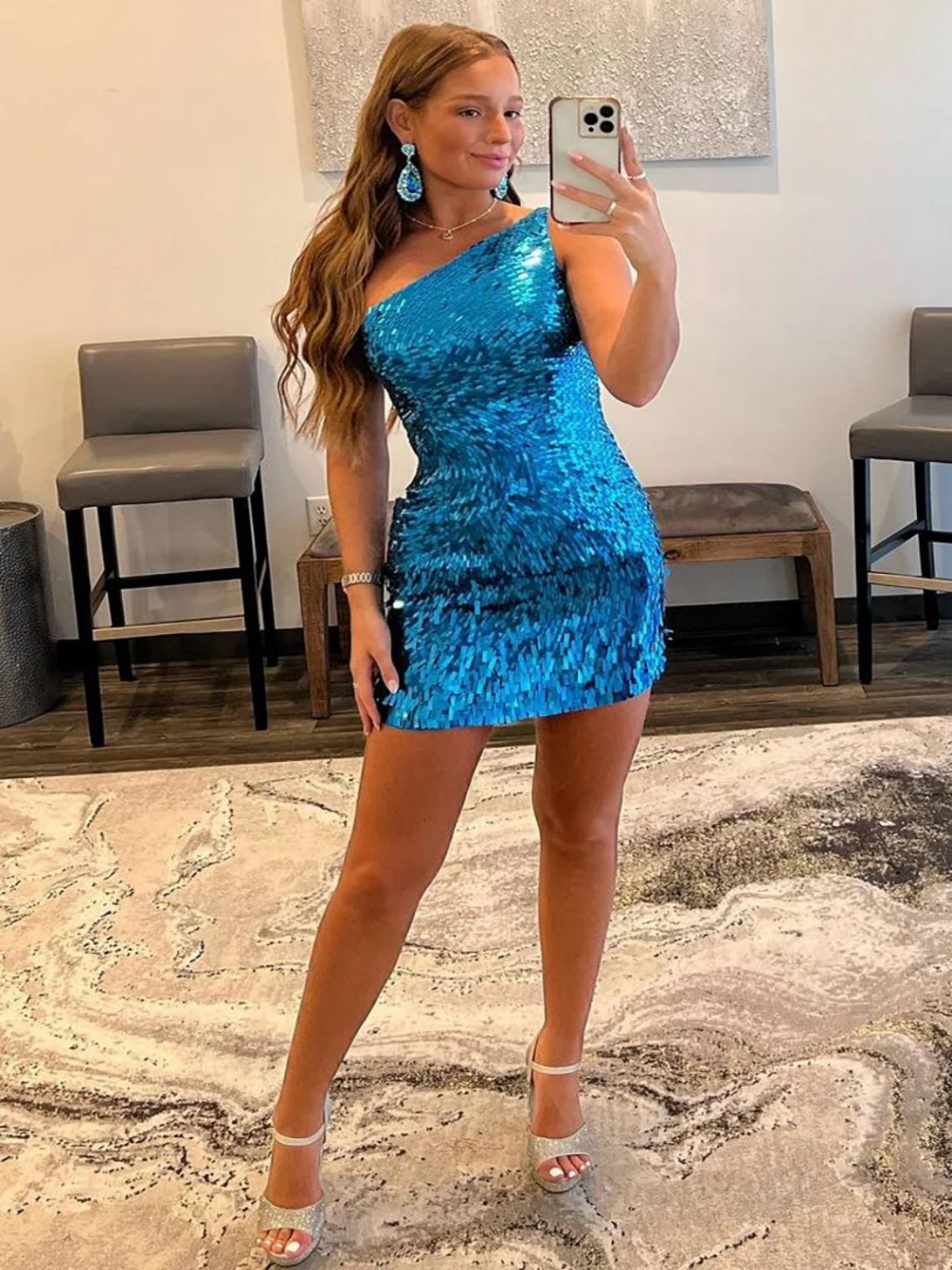 Sheath/Column One Shoulder Royal Blue Glitter Short Homecoming Dress