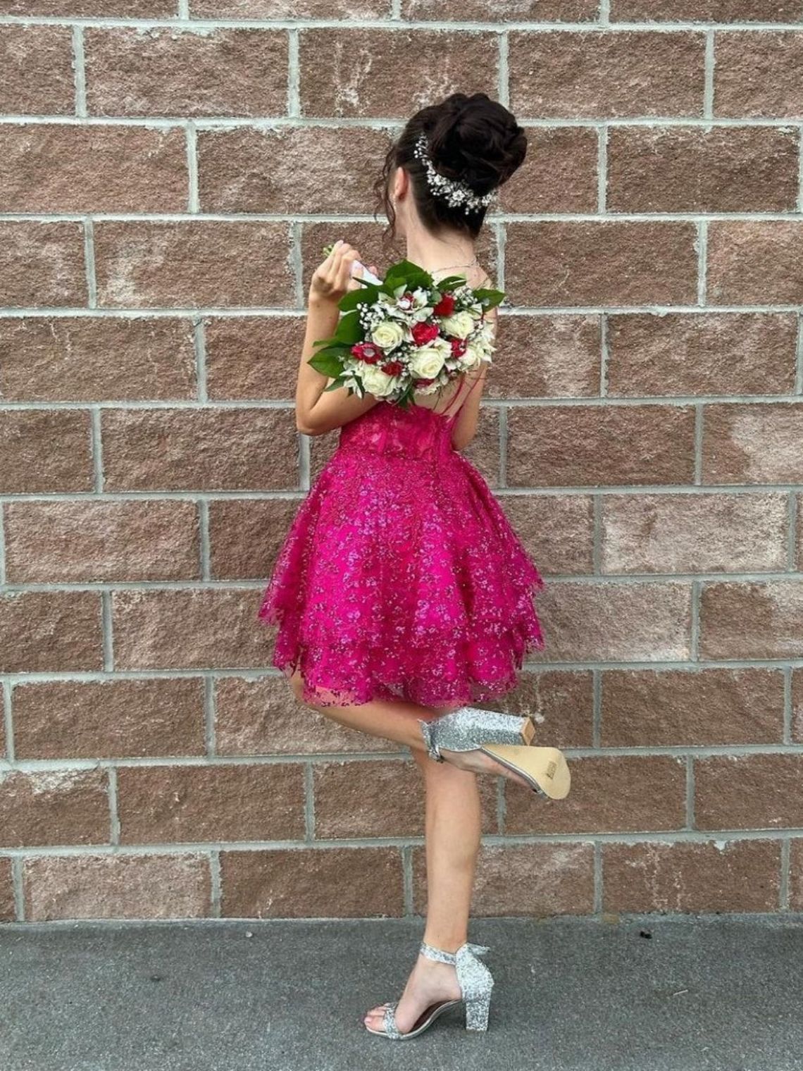 A-Line Hot Pink Sequin Lace Short Homecoming Dresses