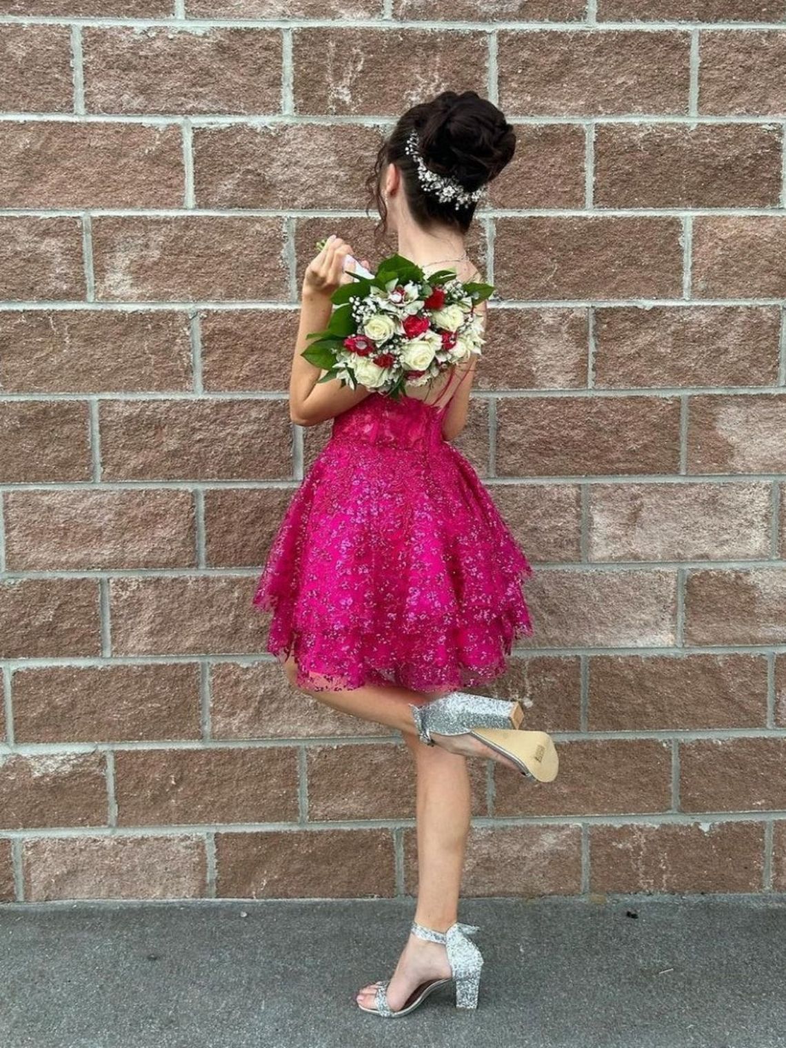 A-Line Hot Pink Sequin Lace Short Homecoming Dresses