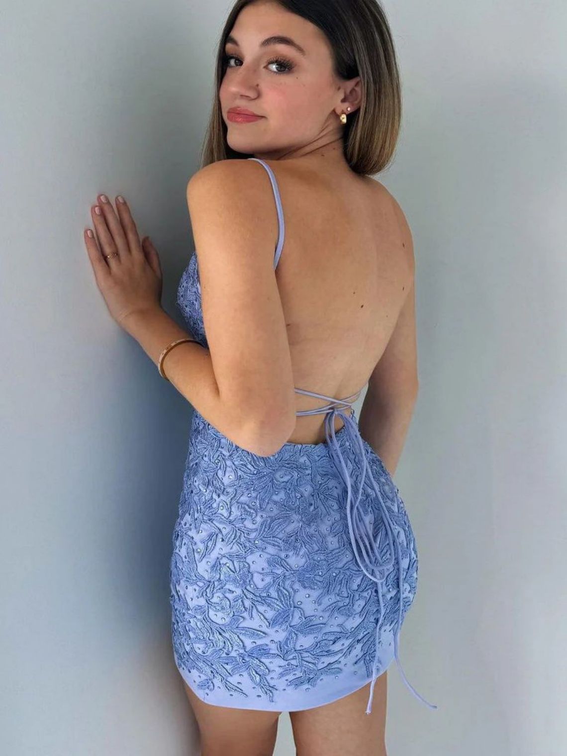Sheath Blue Lace Appliques Short Homecoming Dresses