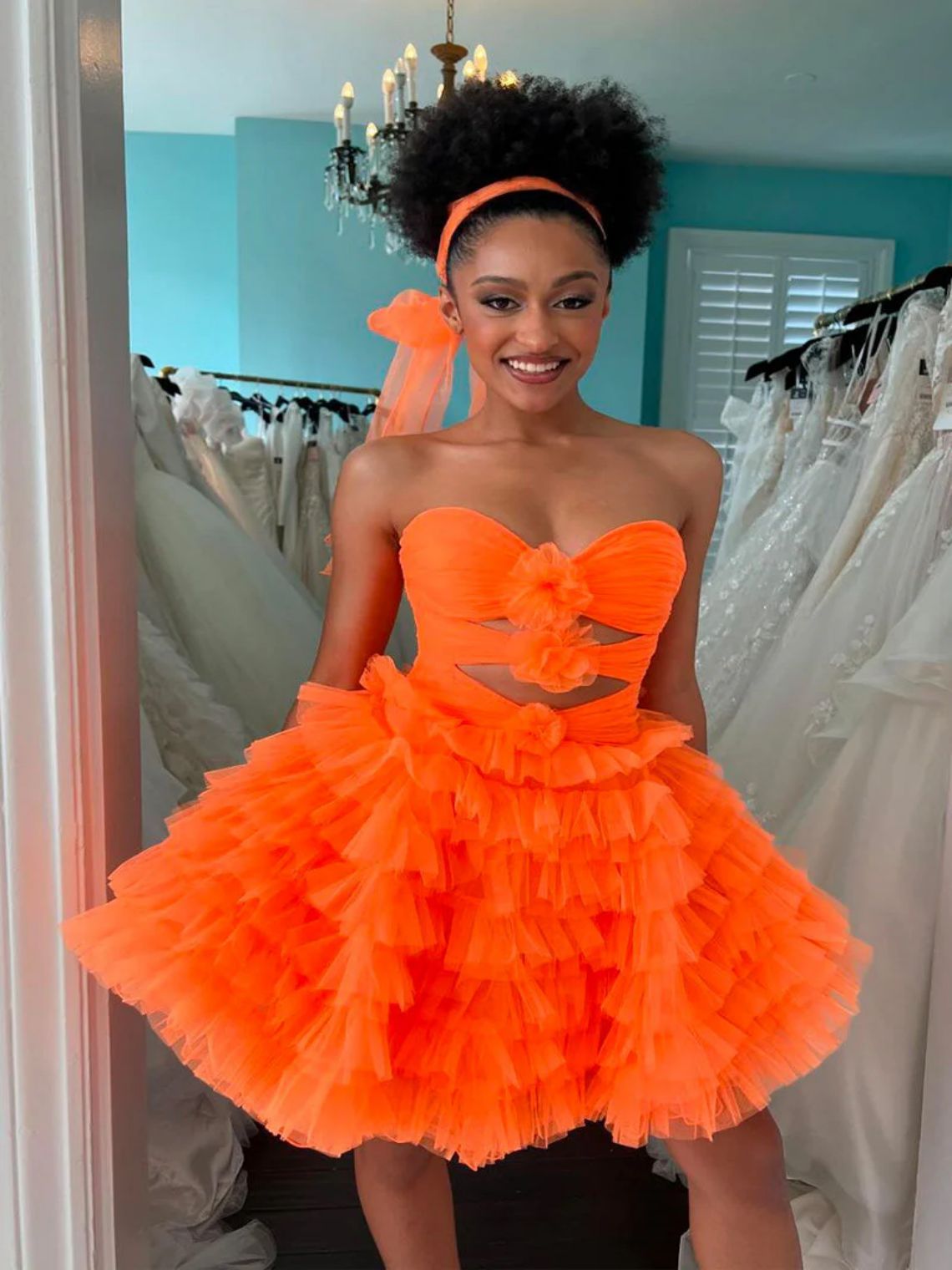 A-Line Orange Strapless Ruffle Tiered Tulle Short Homecoming Dress