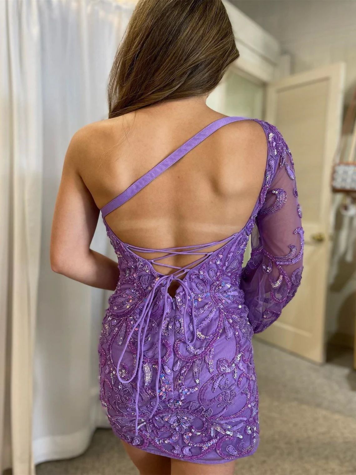 Short/Mini One-Sleeve Short Sequin Embroidered Homecoming Dress